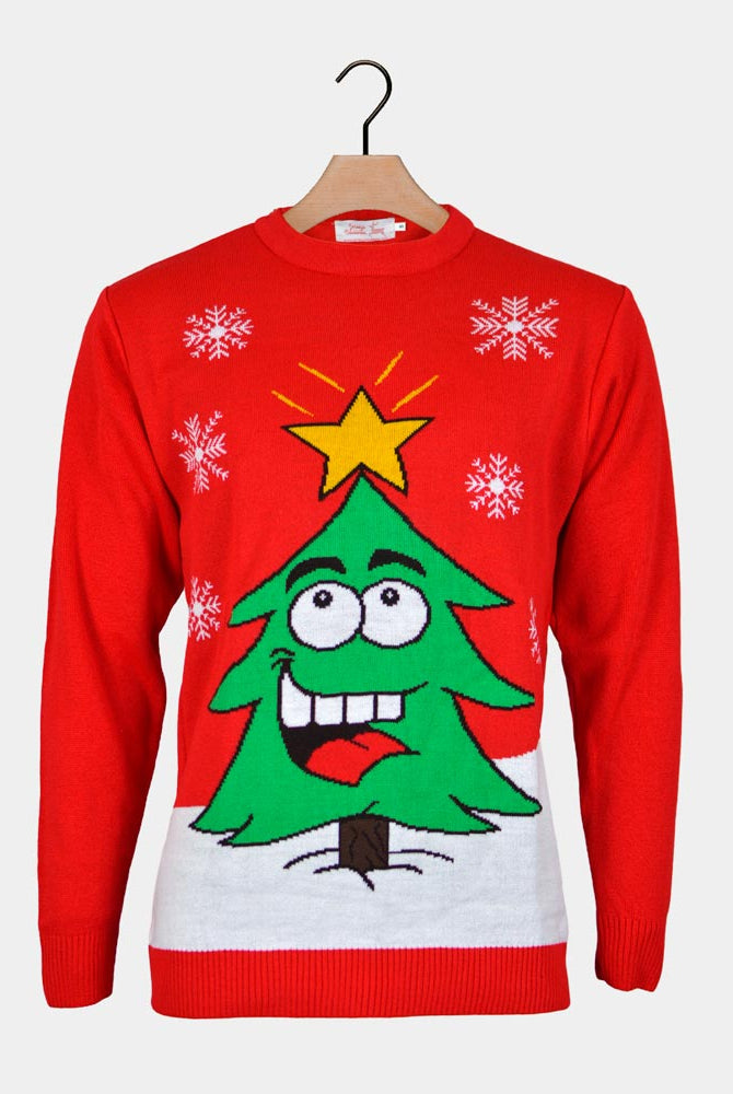 Jersey de Navidad para Familia Árbol de Navidad Sonriente Rojo