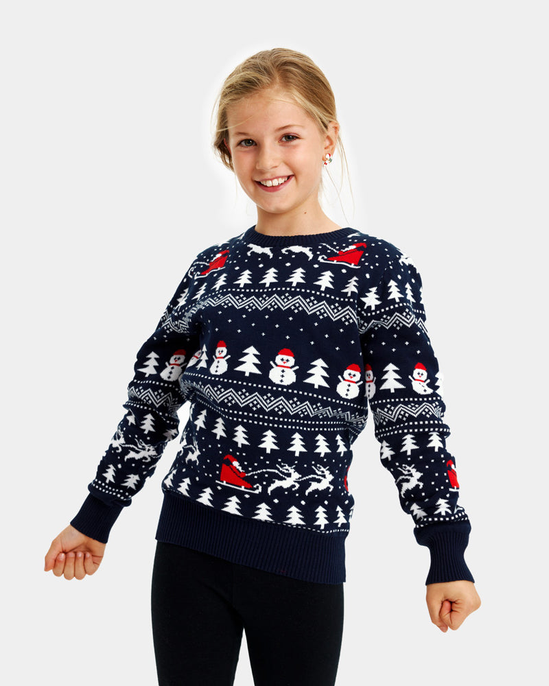 Jersey de Navidad para Familia con Árboles, Muñecos y Papá Noel niña