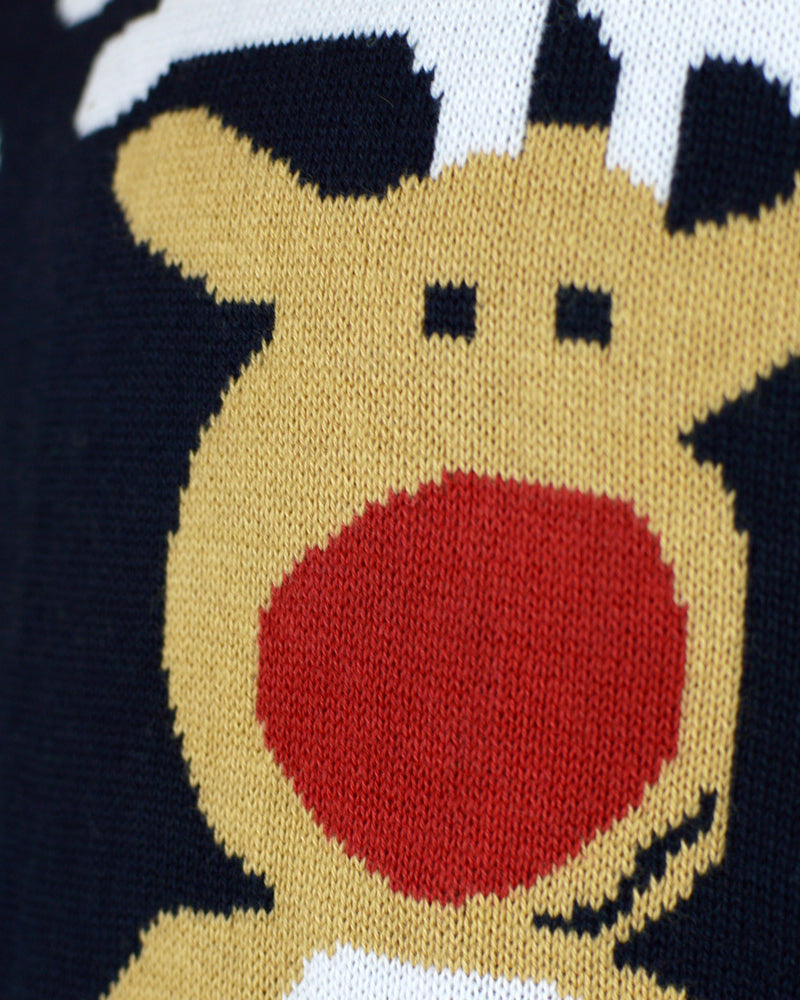 Jersey de Navidad para Familia Azul Papá Noel y Reno Rudolph Detalle