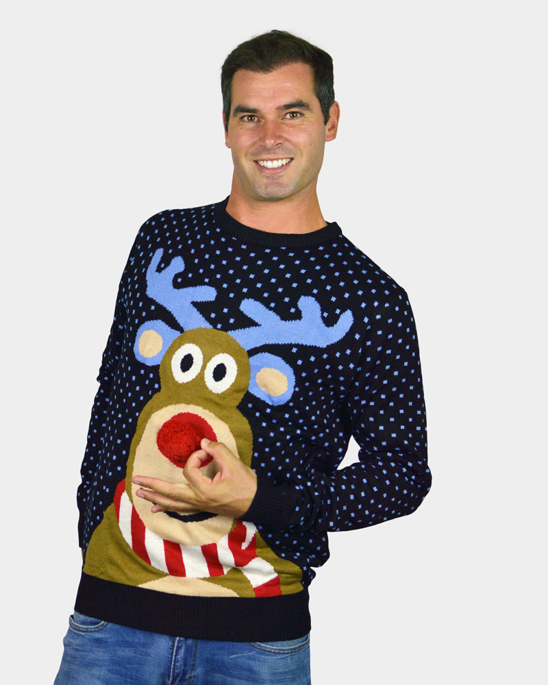 Jersey de Navidad para Familia Azul Reno Rodolfo con Nariz Roja en 3D hombre