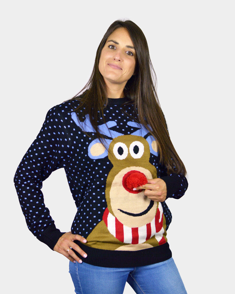 Jersey de Navidad para Familia Azul Reno Rodolfo con Nariz Roja en 3D mujer