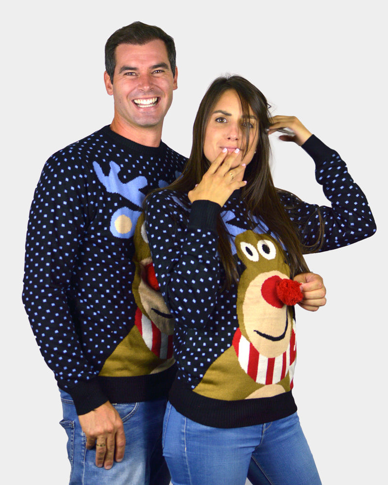 Jersey de Navidad para Familia Azul Reno Rodolfo con Nariz Roja en 3D parejas