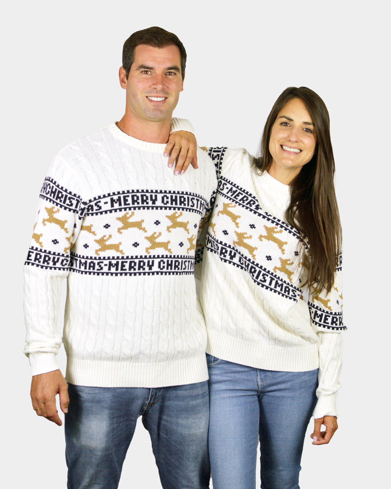 Jersey de Navidad para Familia Elegante Blanco con Renos Algodón Orgánico parejas