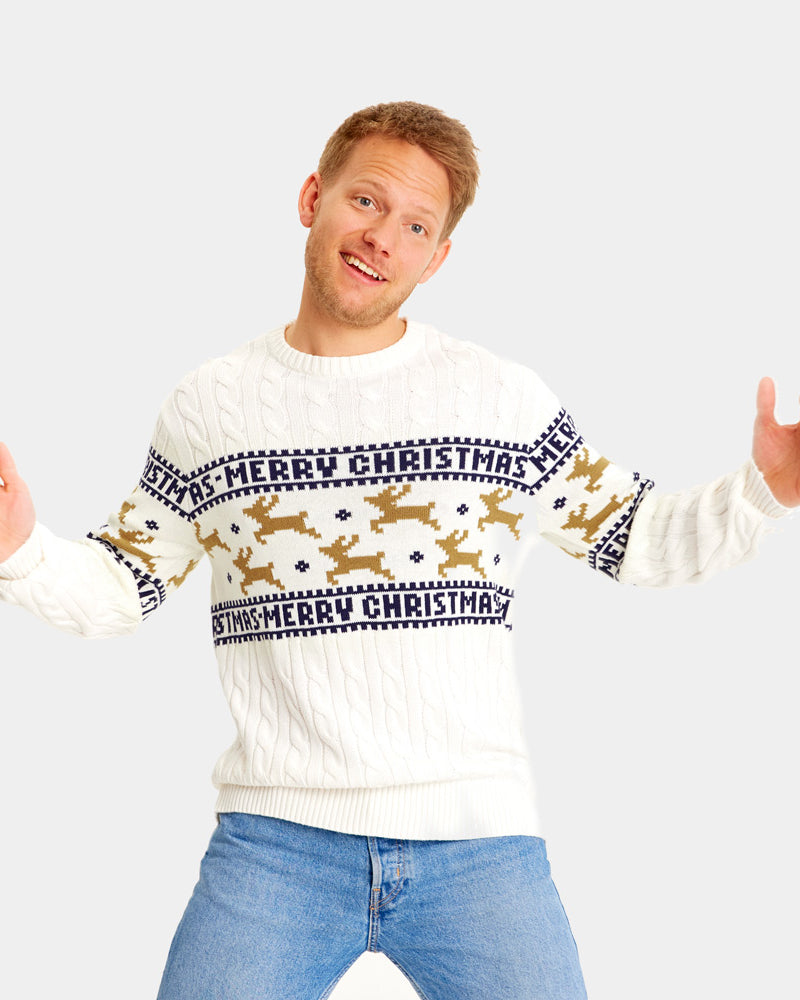 Jersey de Navidad para Familia Elegante Blanco con Renos Algodón Orgánico Hombre