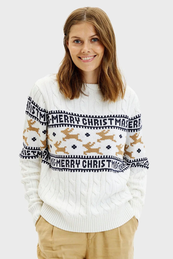 Jersey de Navidad para Familia Elegante Blanco con Renos Algodón Orgánico mujer