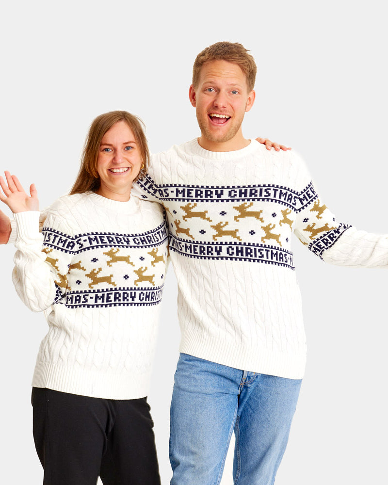 Jersey de Navidad para Familia Elegante Blanco con Renos Algodón Orgánico