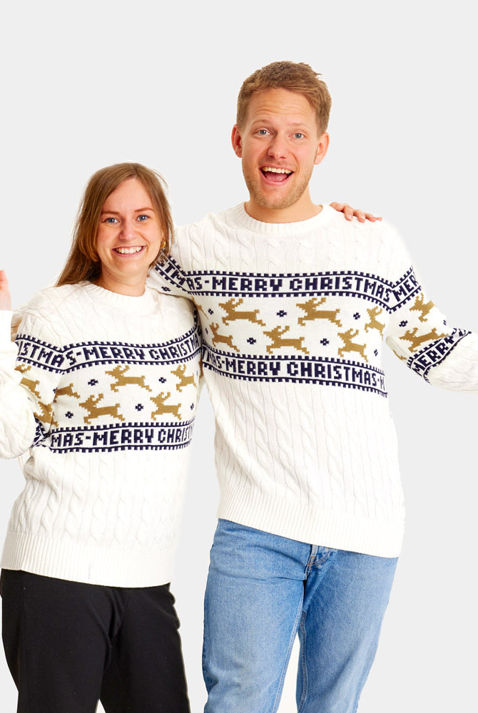 Jersey de Navidad para Familia Elegante Blanco con Renos Algodón Orgánico