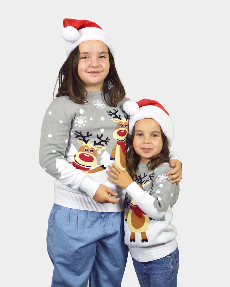 Jersey de Navidad para Familia Gris con Renas Cute Niñas