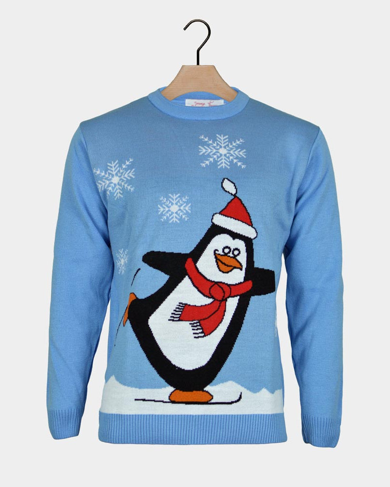 Jersey de Navidad para Familia Pingüino Azul Claro