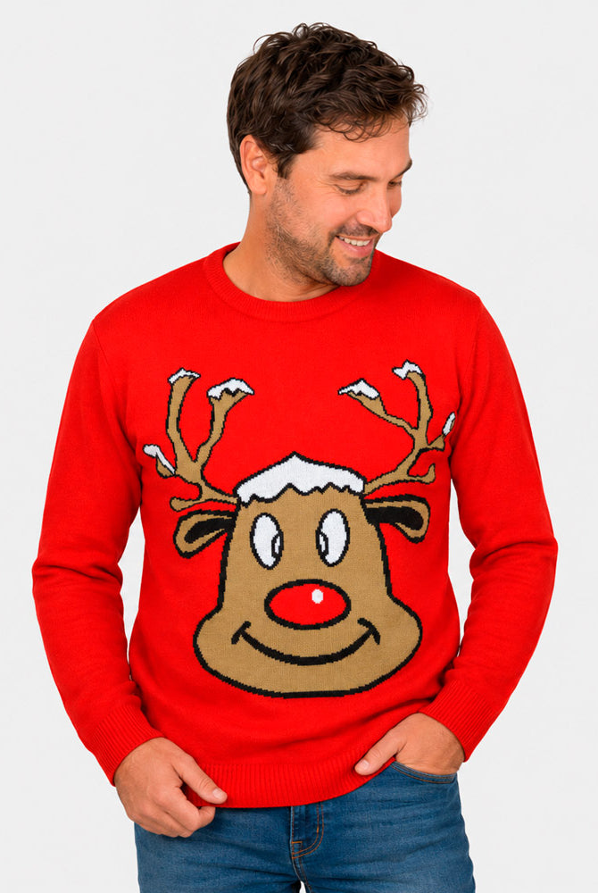 Jersey de Navidad para Familia Reno Sonriente Rojo Hombre