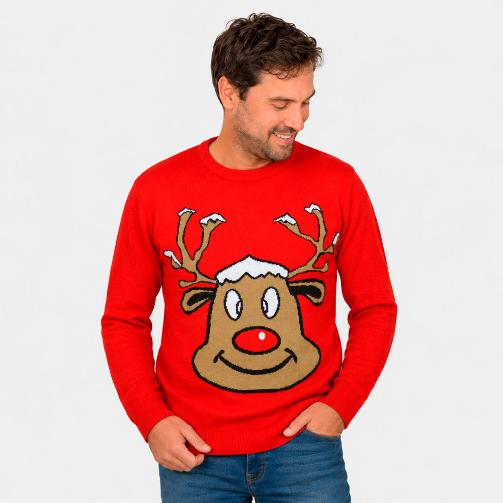Jersey de Navidad para Familia Reno Sonriente Rojo Hombre