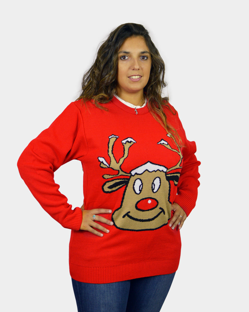 Jersey de Navidad para Familia Reno Sonriente Rojo Mujer