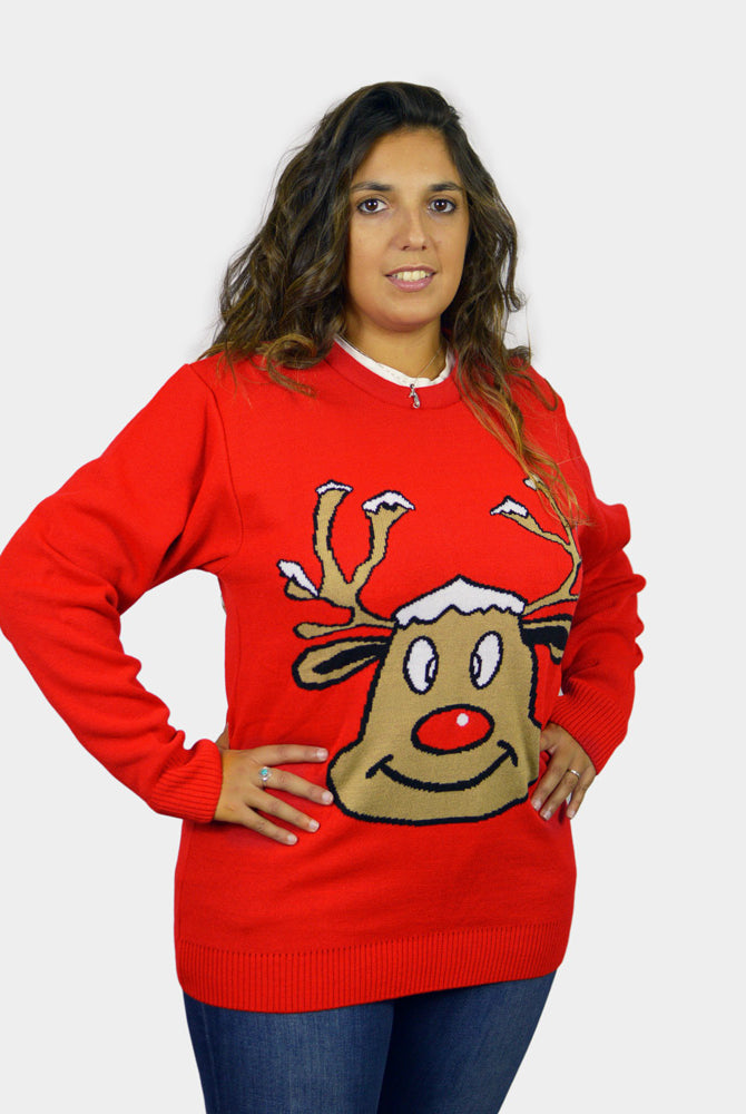 Jersey de Navidad para Familia Reno Sonriente Rojo Mujer