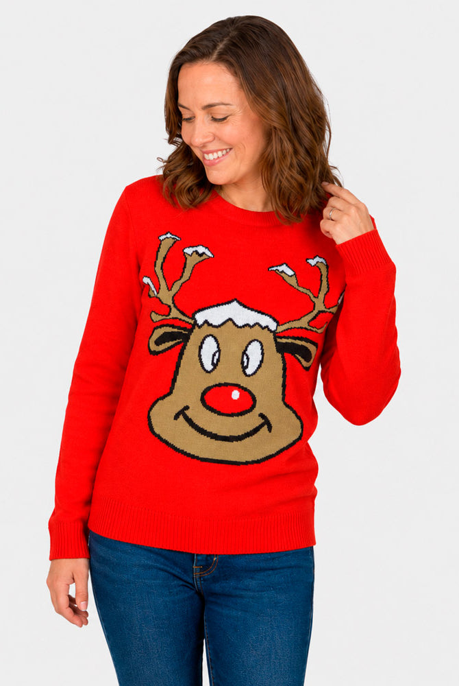 Jersey de Navidad para Familia Reno Sonriente Rojo Mujer