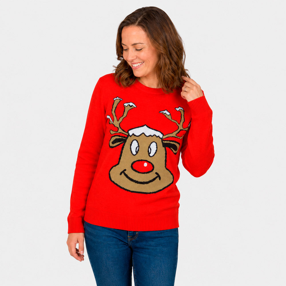 Jersey de Navidad para Familia Reno Sonriente Rojo Mujer