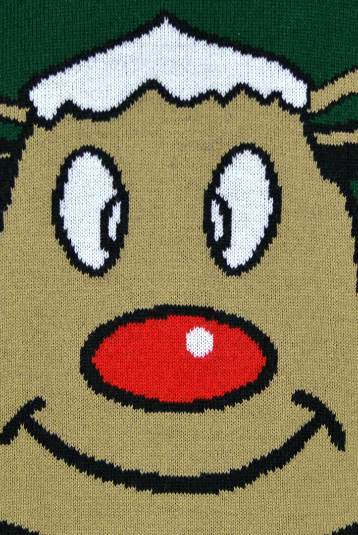 Jersey de Navidad para Familia Reno Sonriente Verde Detalle Reno