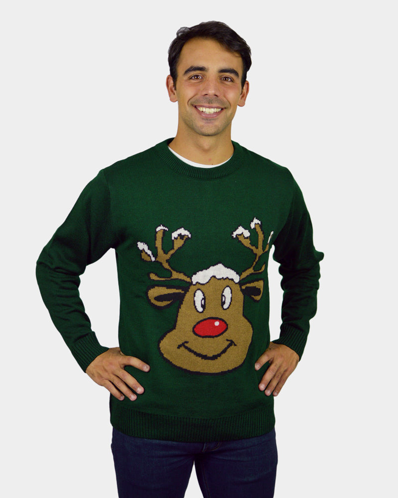 Jersey de Navidad para Familia Reno Sonriente Verde Hombre
