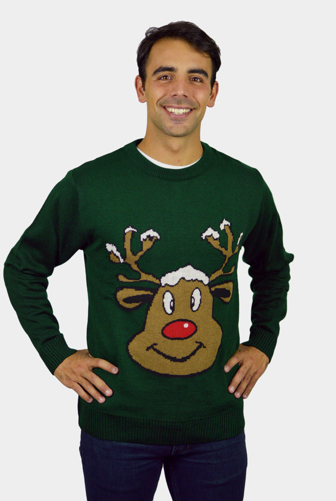 Jersey de Navidad para Familia Reno Sonriente Verde Hombre