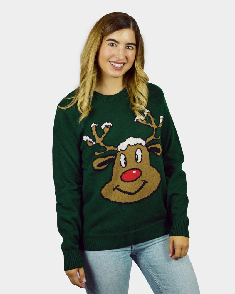 Jersey de Navidad para Familia Reno Sonriente Verde Mujer