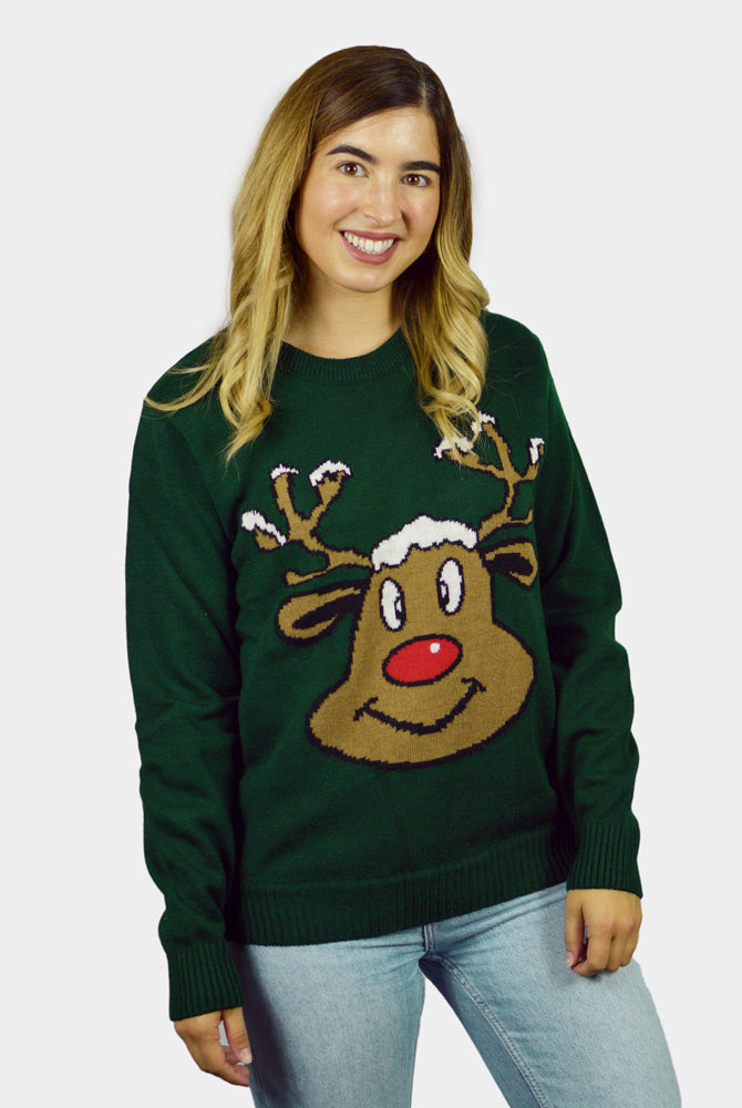 Jersey de Navidad para Familia Reno Sonriente Verde Mujer