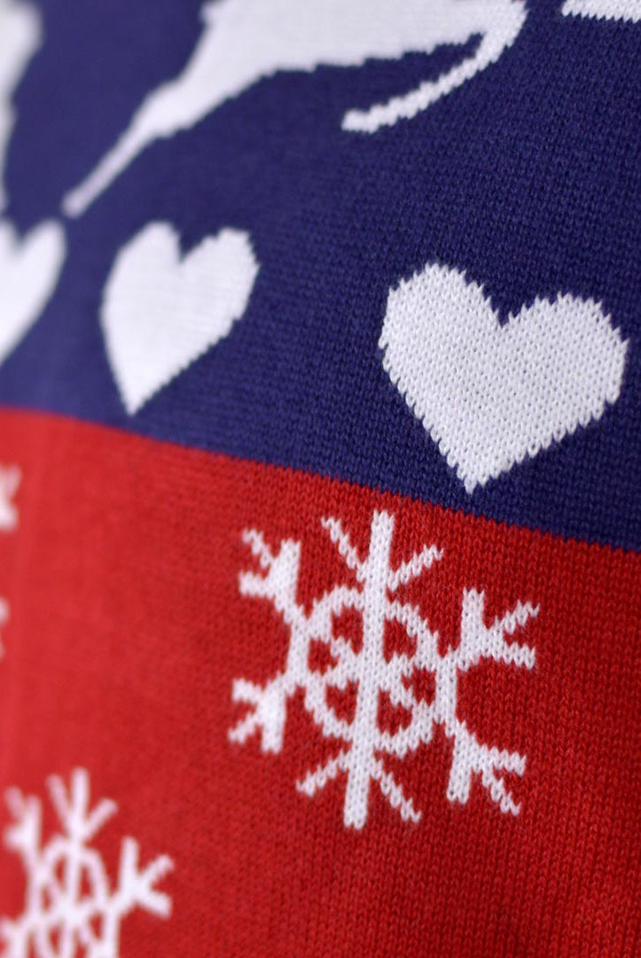 Jersey de Navidad para Familia Renos y Corazones Azul y Rojo Detalle