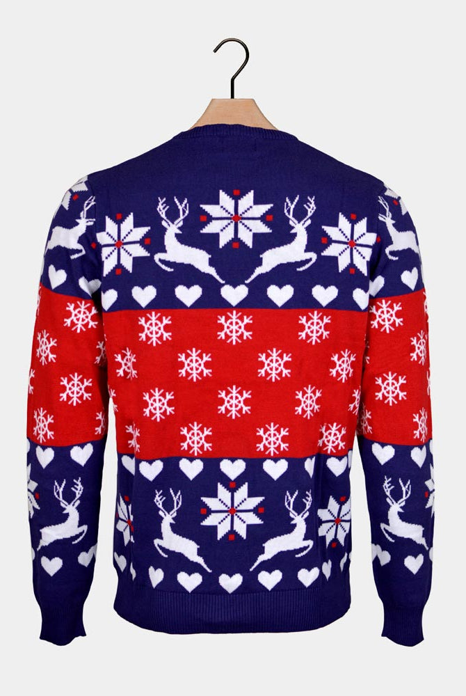 Jersey de Navidad para Familia Renos y Corazones Azul y Rojo Espalda
