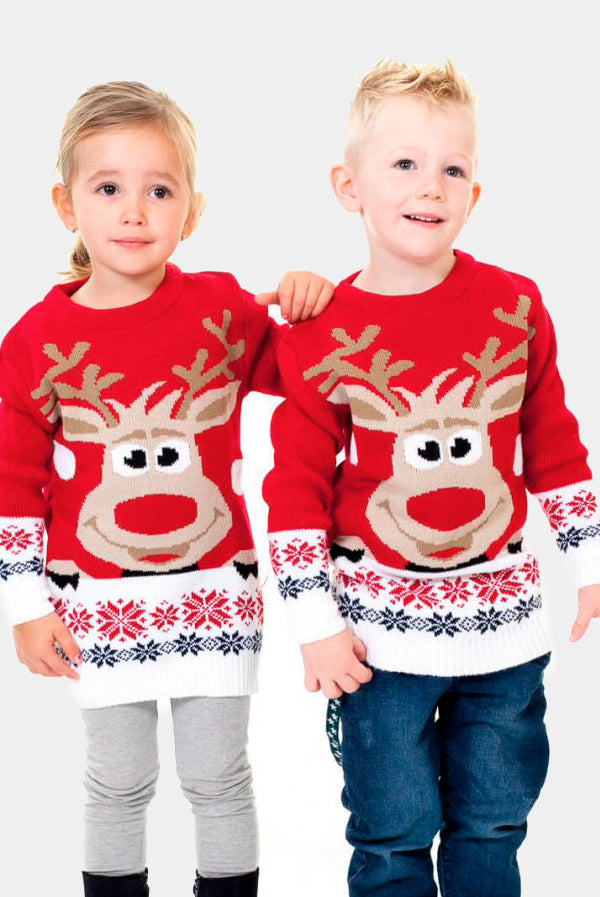 Jersey de Navidad para Familia Rojo con Reno Rudolph Niña y Niño