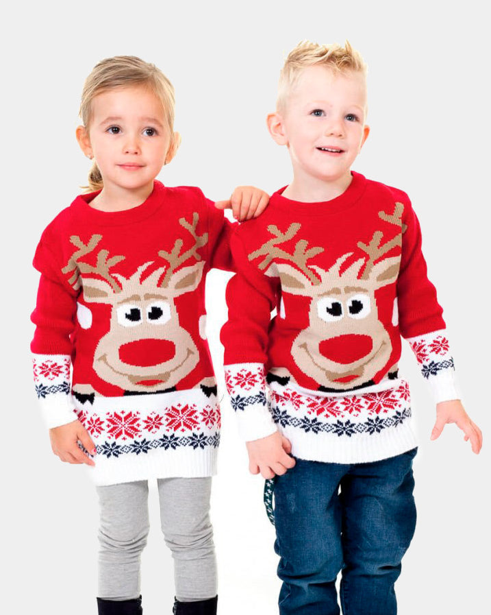 Jersey de Navidad para Familia Rojo con Reno Rudolph Niña y Niño
