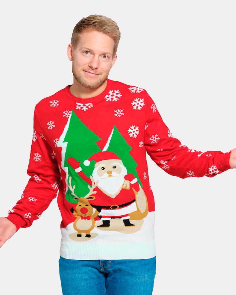 Jersey de Navidad para Familia Rojo con Santa Claus y Reno Saludando Hombre