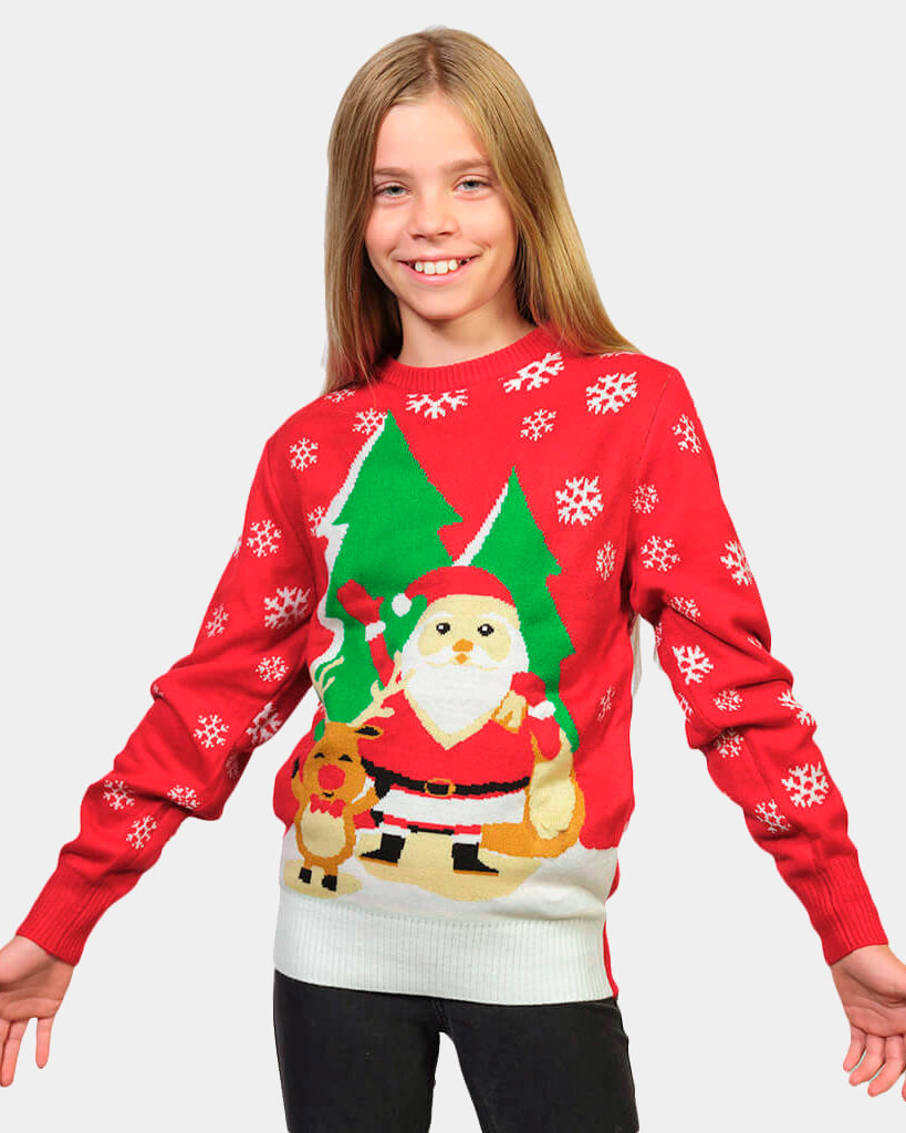 Jersey de Navidad para Familia Rojo con Santa Claus y Reno Saludando Niña