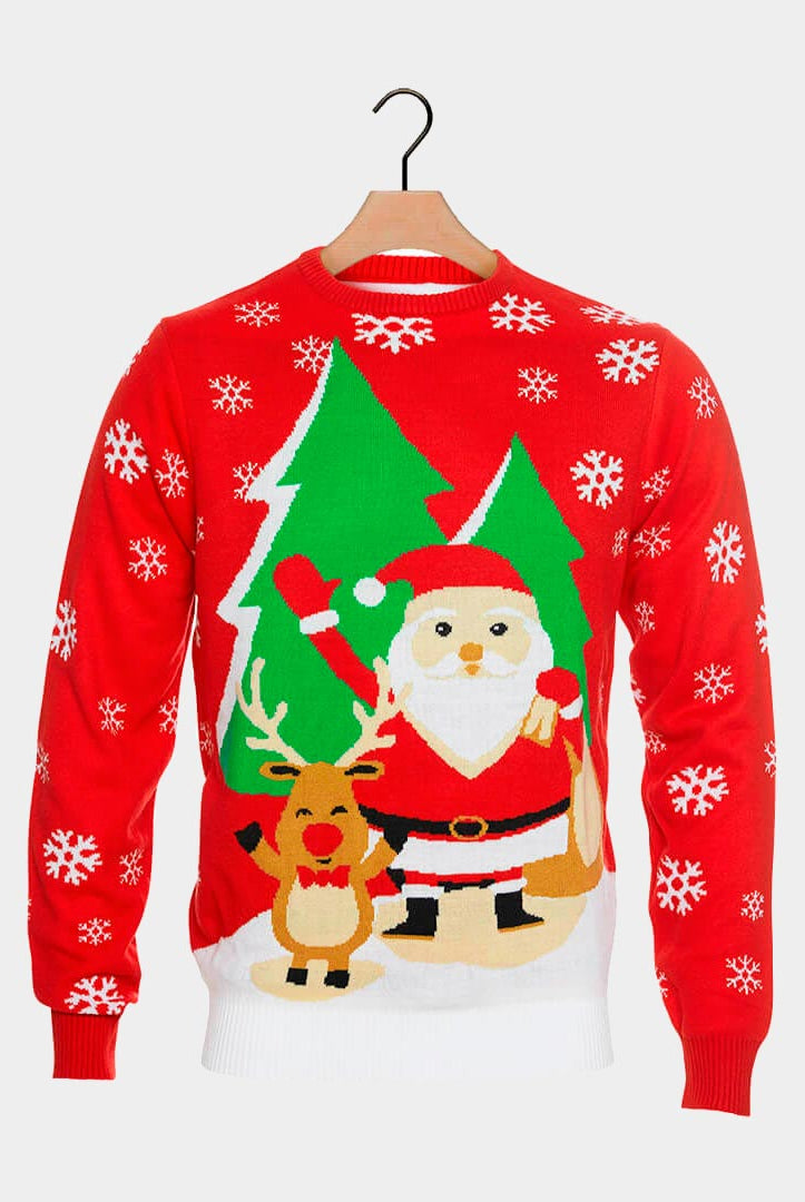 Jersey de Navidad para Familia Rojo con Santa Claus y Reno Saludando