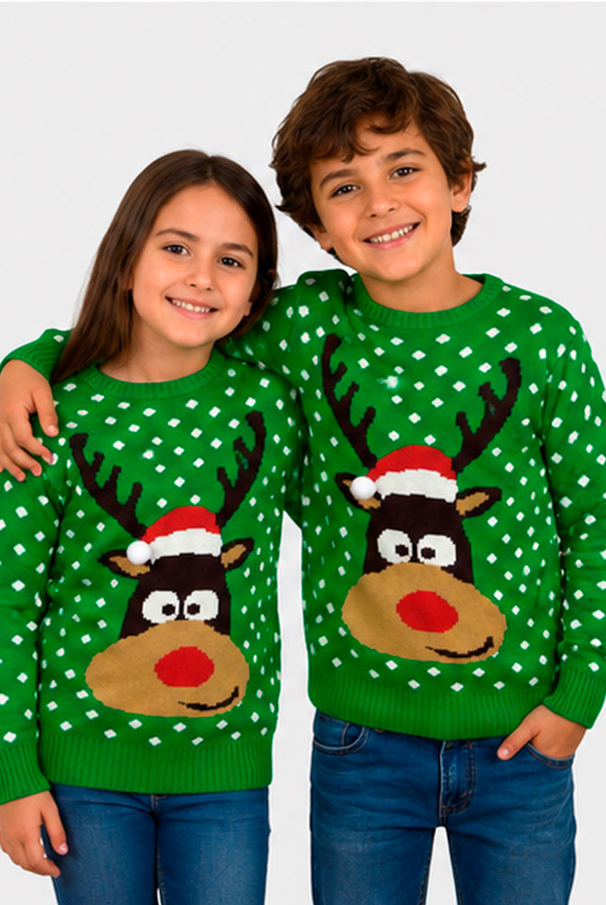 Jersey de Navidad para Familia Verde Reno con Gorro en 3D Ninos