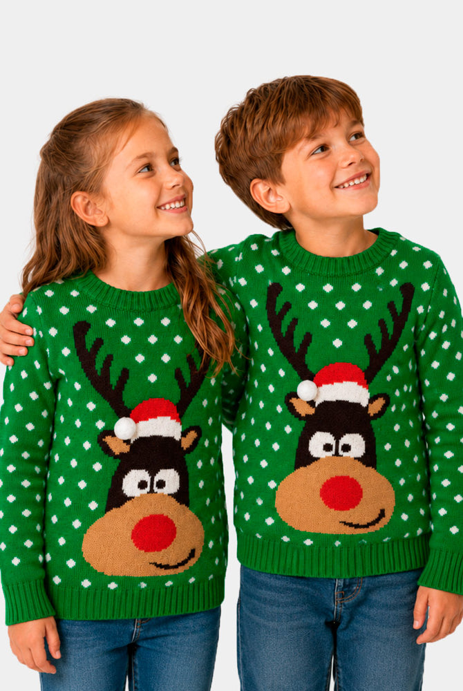 Jersey de Navidad para Familia Verde Reno con Gorro en 3D Ninos