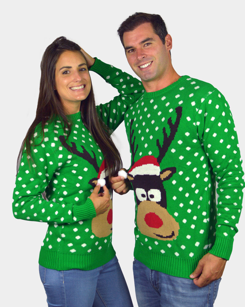 Jersey de Navidad para Familia Verde Reno con Gorro en 3D pareja