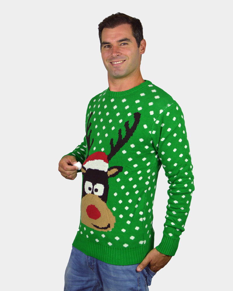 Jersey de Navidad para Familia Verde Reno con Gorro en 3D Hombre
