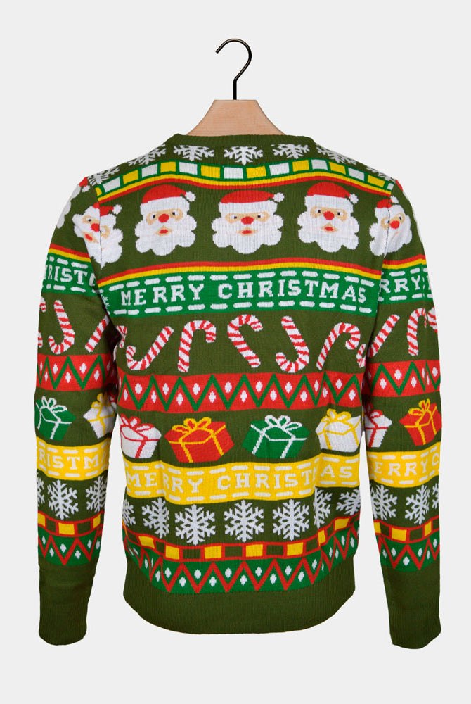 Jersey de Navidad para Familia Verde con Santa y Regalos Espalda