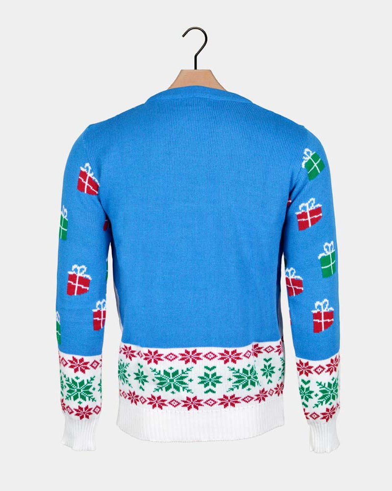 Jersey de Navidad para Hombre Azul Claro Reno y Papá Noel Espalda