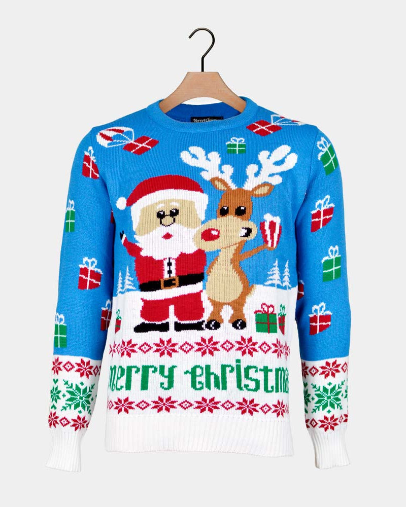 Jersey de Navidad para Hombre Azul Claro Reno y Papá Noel