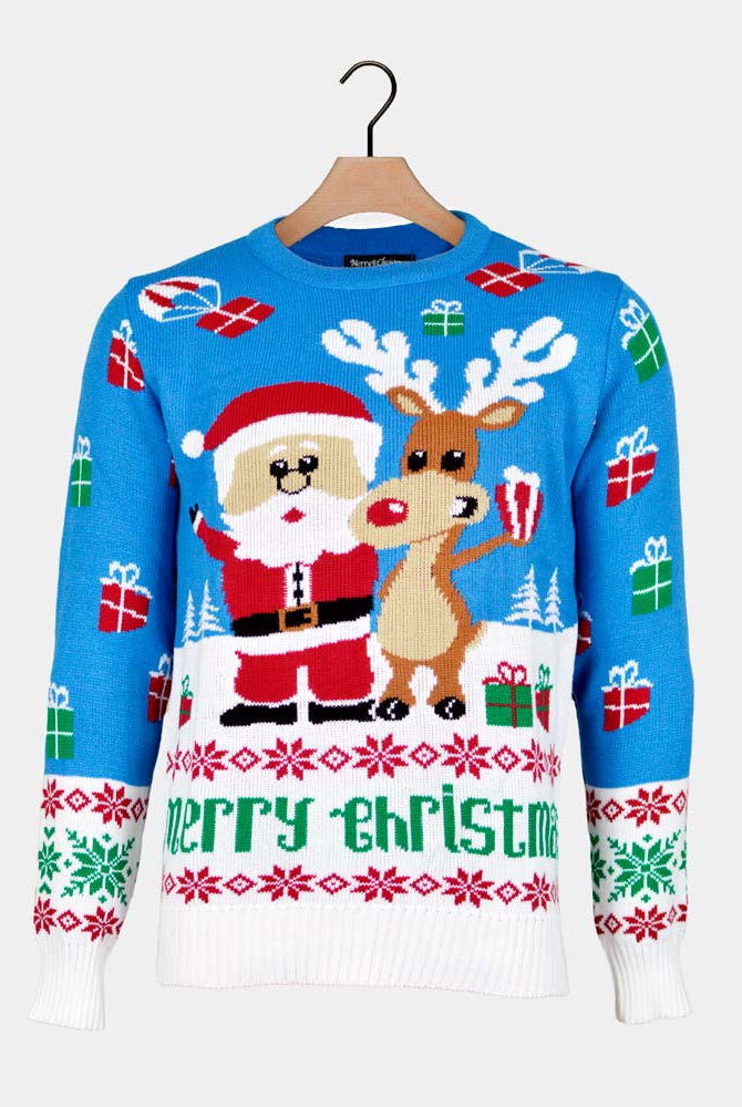 Jersey de Navidad para Hombre Azul Claro Reno y Papá Noel