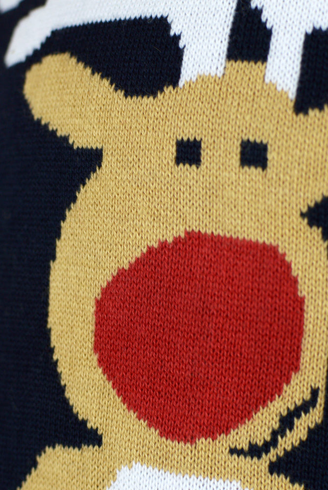 Jersey de Navidad para Hombre Azul Papá Noel y Reno Rudolph Detalle