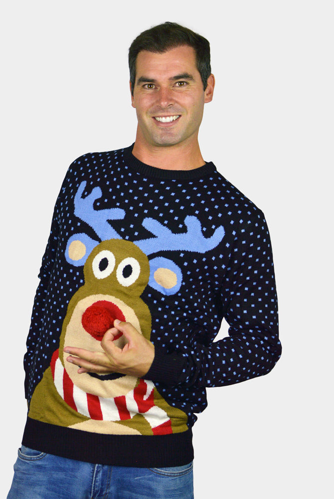 Jersey de Navidad Hombre Azul Reno Rodolfo con Nariz Roja en 3D