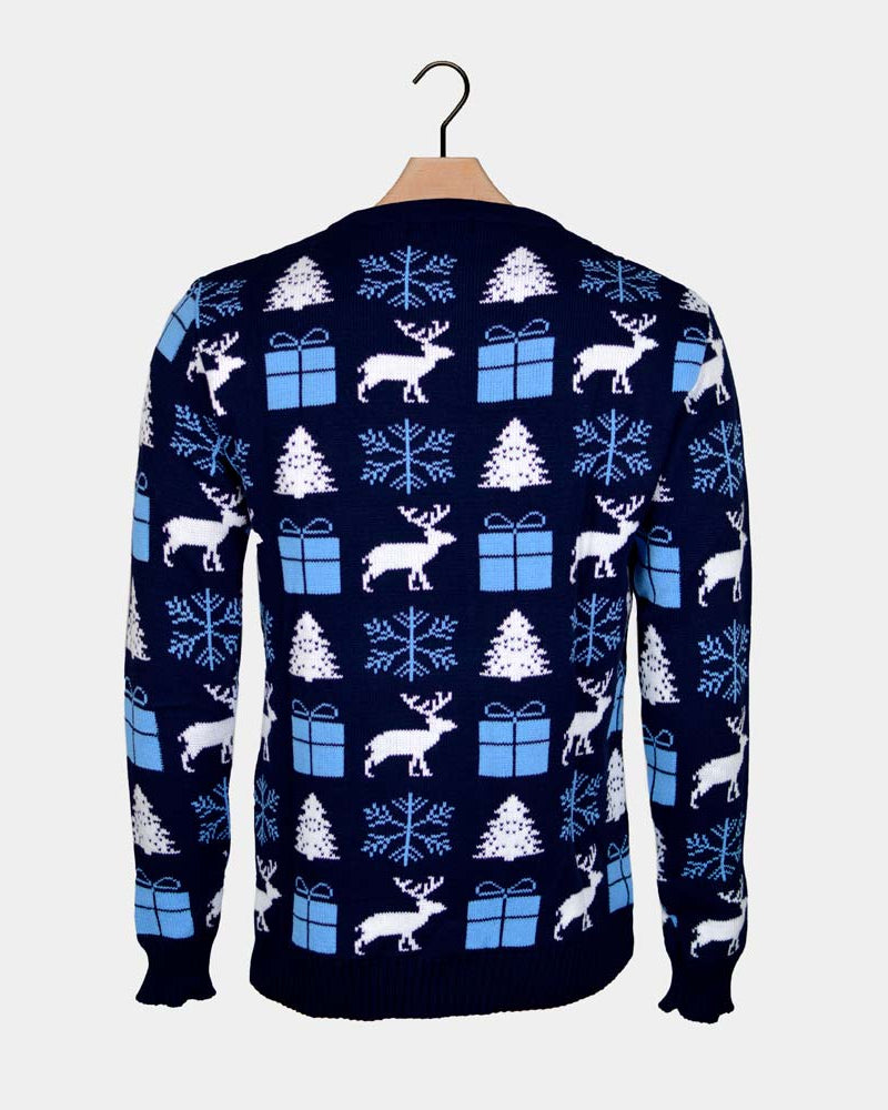 Jersey de Navidad para Hombre Azul con Renos, Regalos y Pinos Espalda