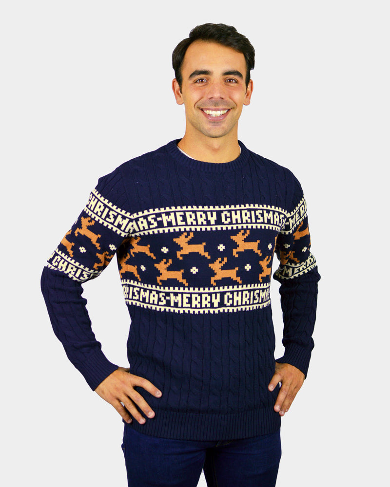 Jersey de Navidad para Hombre Elegante Azul con Renos Merry Christmas