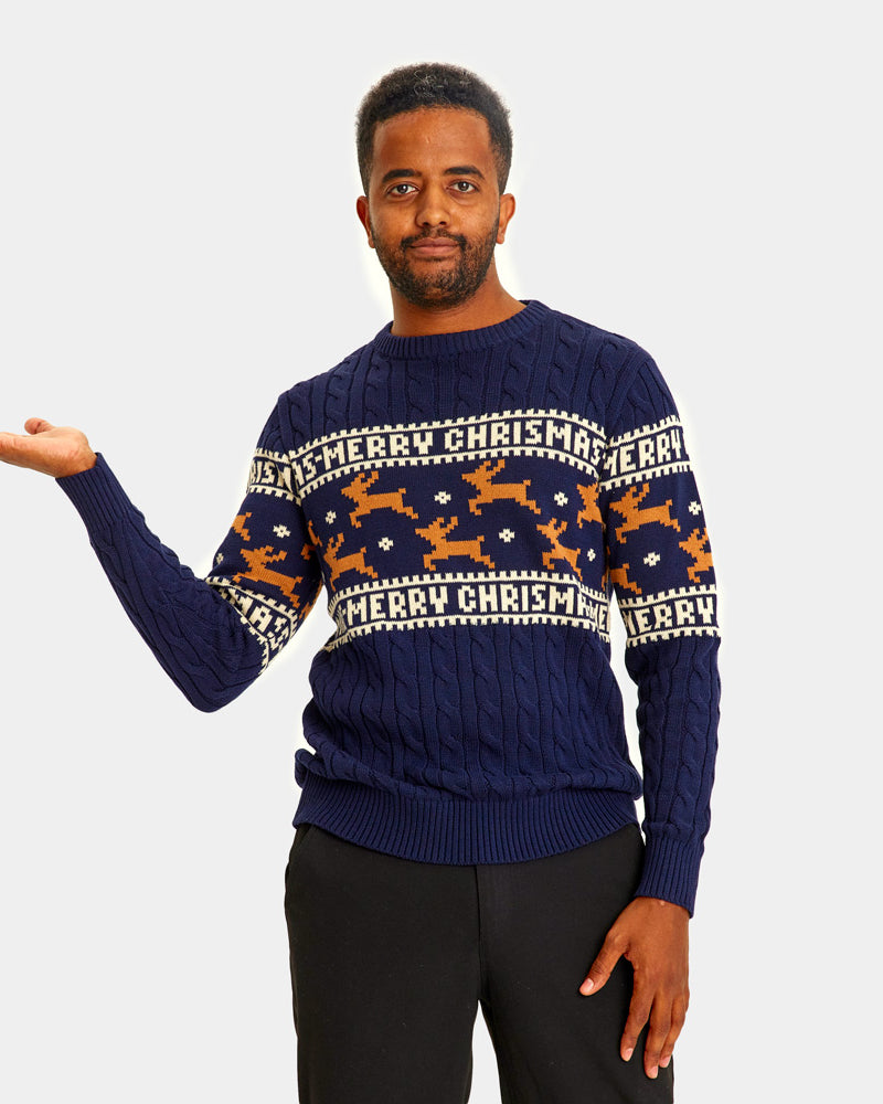 Jersey de Navidad Hombre Elegante Azul con Renos