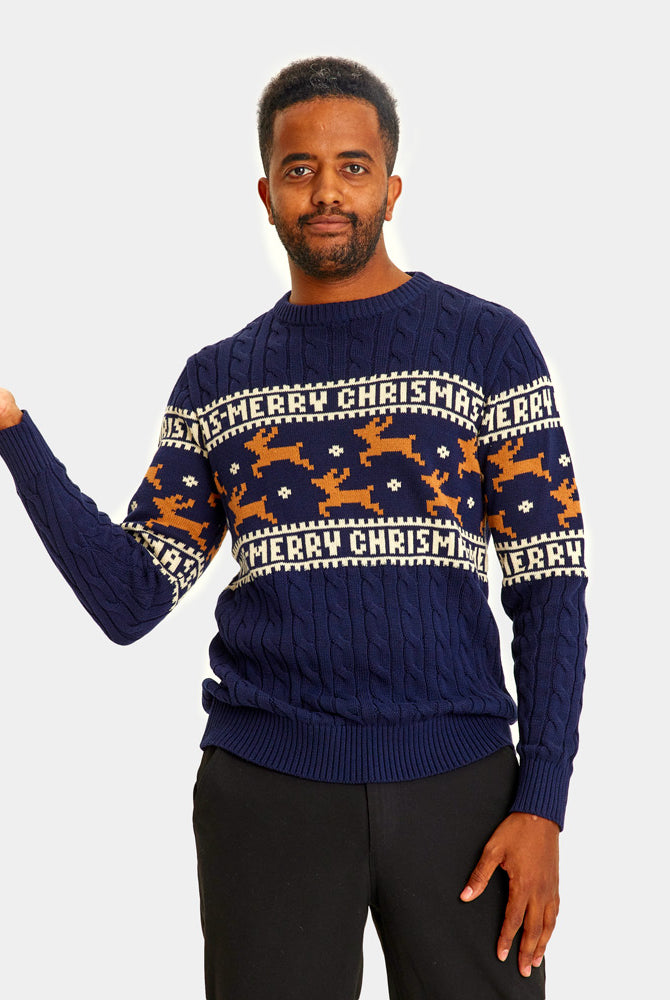 Jersey de Navidad Hombre Elegante Azul con Renos