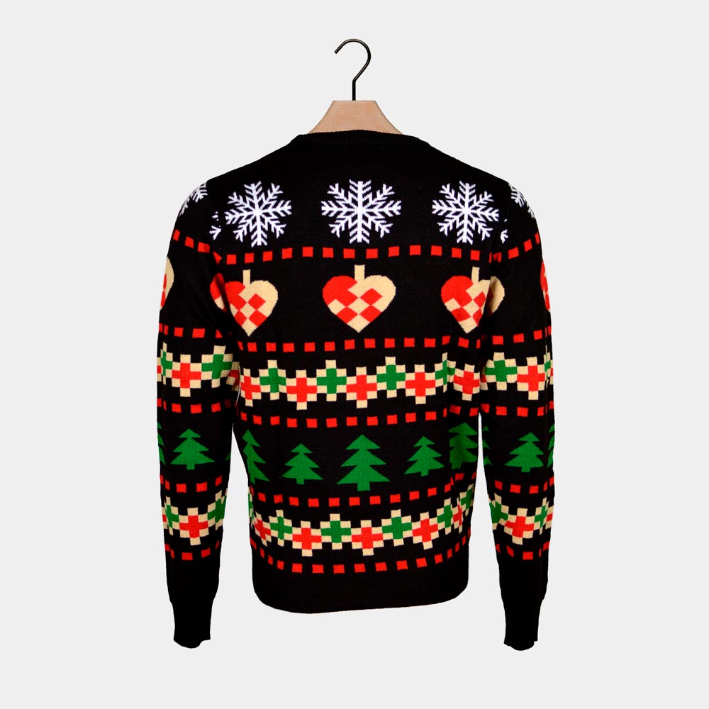 Jersey de Navidad para Hombre Negro con Nieve, Corazones y Árboles espalda