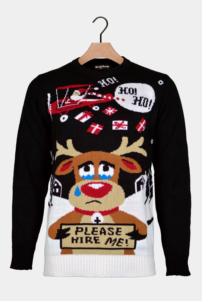 Jersey de Navidad para Hombre con Papá Noel y Reno Buscando Trabajo
