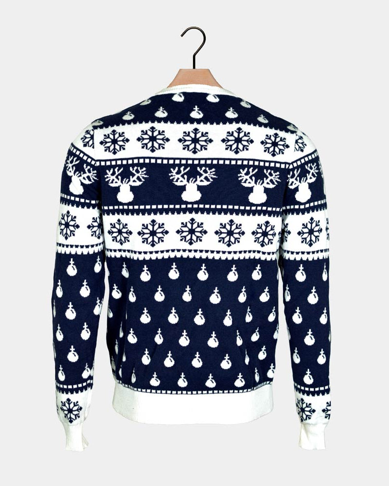 Jersey de Navidad para Hombre con Renos y Nieve Azul Espalda