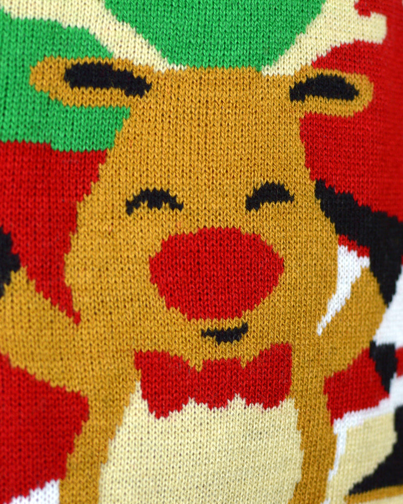 Jersey de Navidad para Hombre Rojo con Santa Claus y Reno Saludando Detalle Nieve