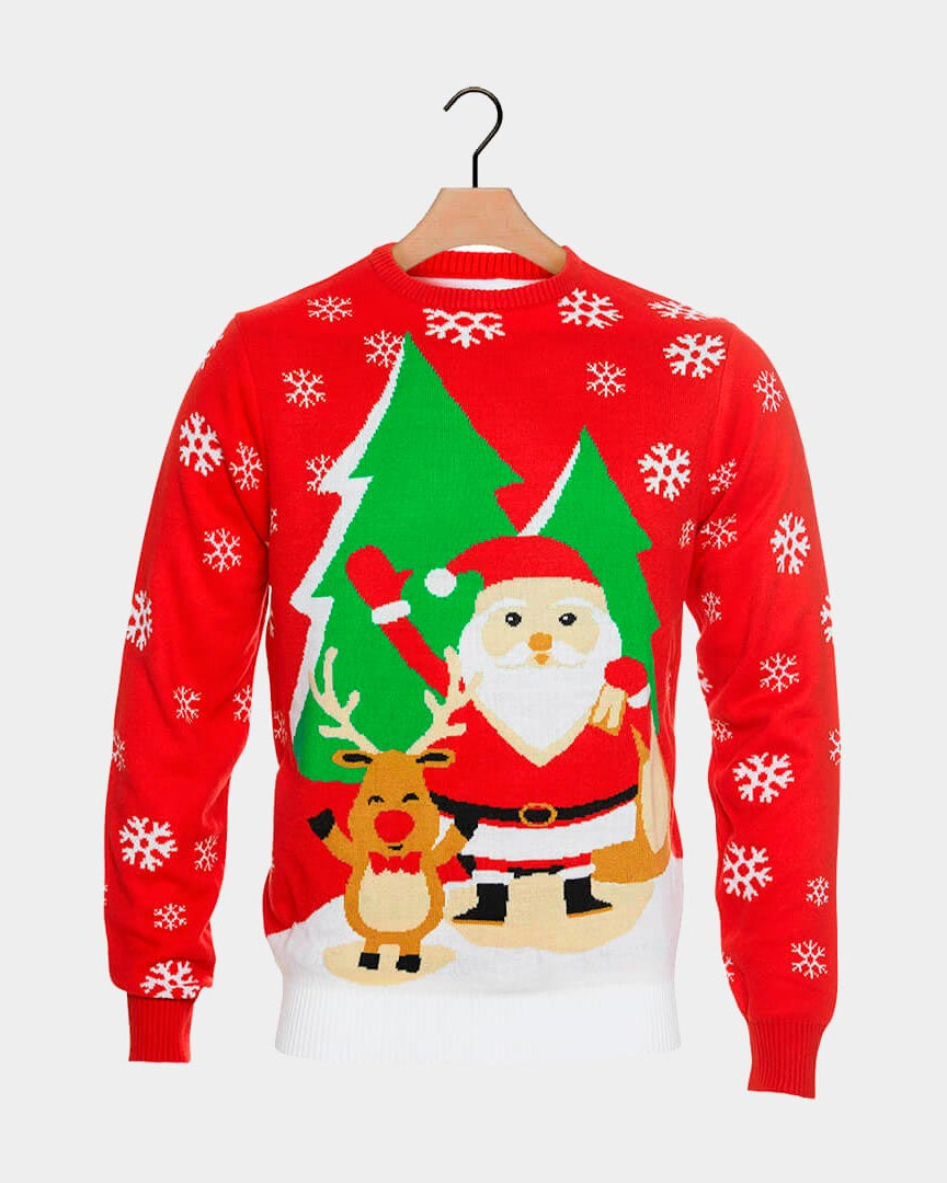 Jersey de Navidad para Hombre Rojo con Santa Claus y Reno Saludando